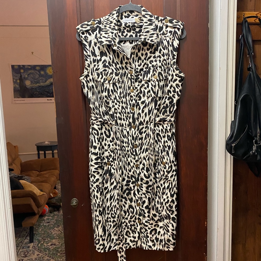 Calvin Klein Belted Cheetah Print Dress
